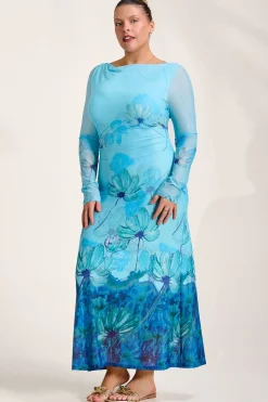 Long Sleeve Slash Neck Mesh Maxi Dress, Blue Floral