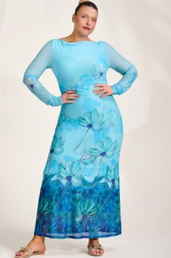 Long Sleeve Slash Neck Mesh Maxi Dress, Blue Floral