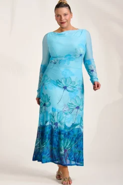 Long Sleeve Slash Neck Mesh Maxi Dress, Blue Floral