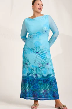 Long Sleeve Slash Neck Mesh Maxi Dress, Blue Floral