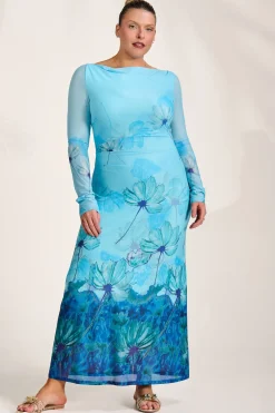 Long Sleeve Slash Neck Mesh Maxi Dress, Blue Floral