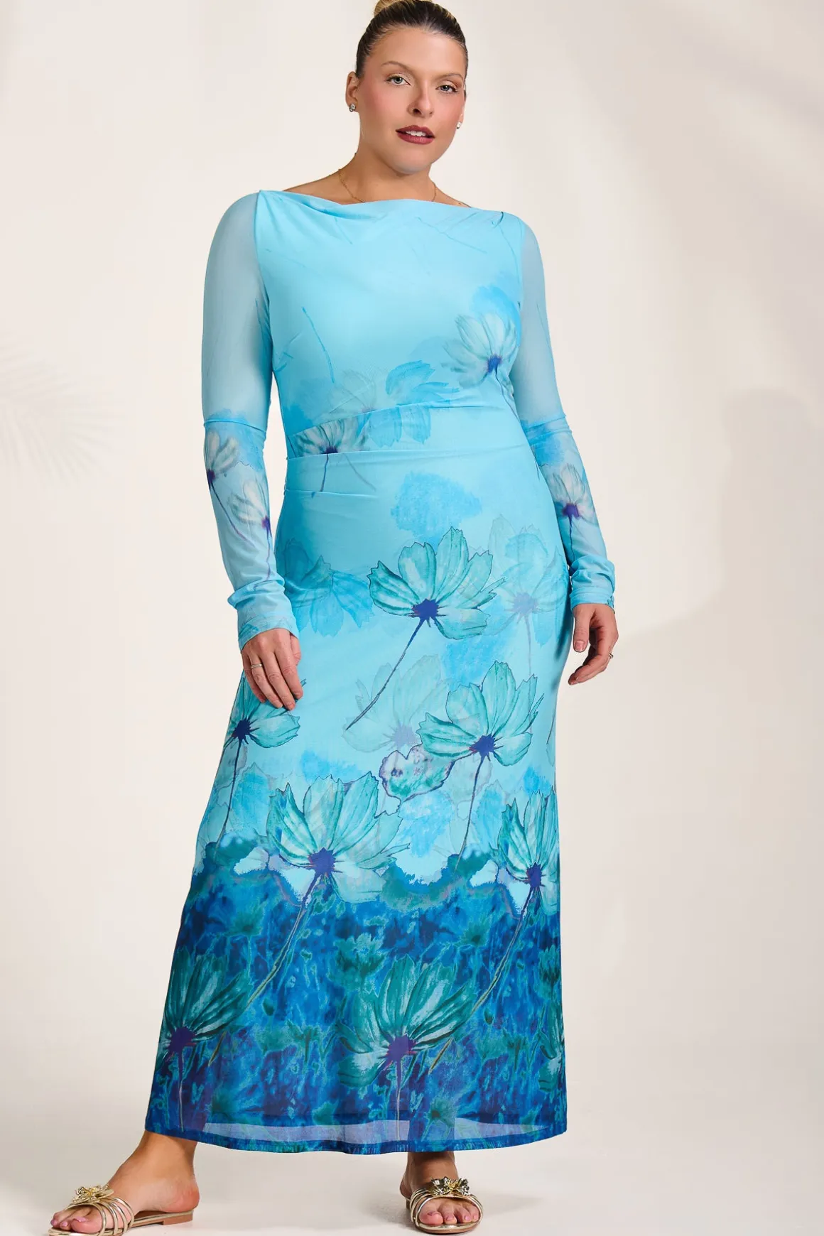 Long Sleeve Slash Neck Mesh Maxi Dress, Blue Floral