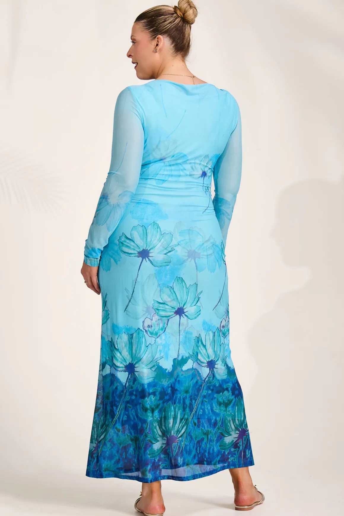 Long Sleeve Slash Neck Mesh Maxi Dress, Blue Floral