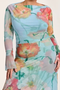 Long Sleeve Slash Neck Mesh Maxi Dress, Blue Floral
