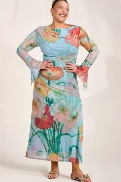 Long Sleeve Slash Neck Mesh Maxi Dress, Blue Floral