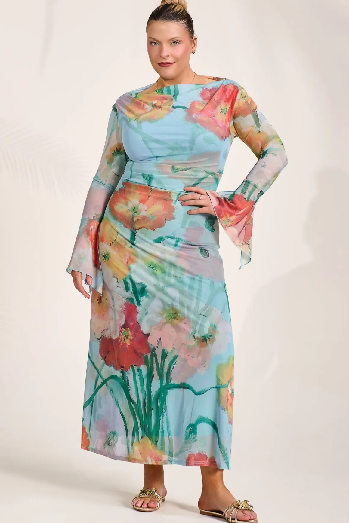 Long Sleeve Slash Neck Mesh Maxi Dress, Blue Floral