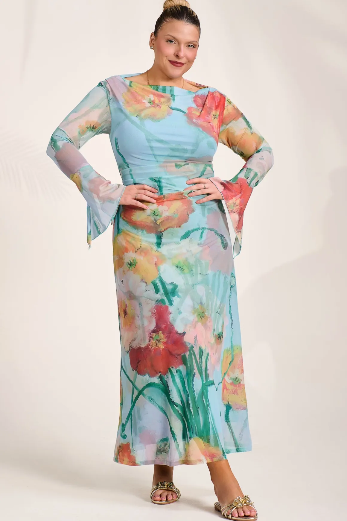 Long Sleeve Slash Neck Mesh Maxi Dress, Blue Floral