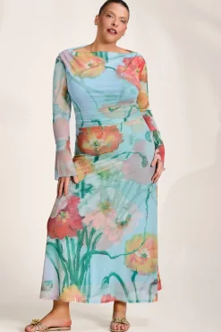 Long Sleeve Slash Neck Mesh Maxi Dress, Blue Floral