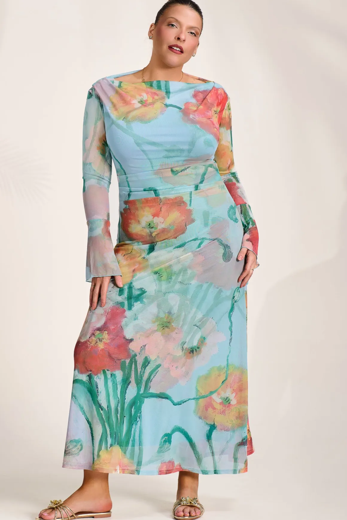 Long Sleeve Slash Neck Mesh Maxi Dress, Blue Floral