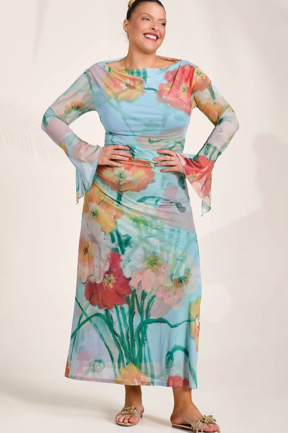 Long Sleeve Slash Neck Mesh Maxi Dress, Blue Floral