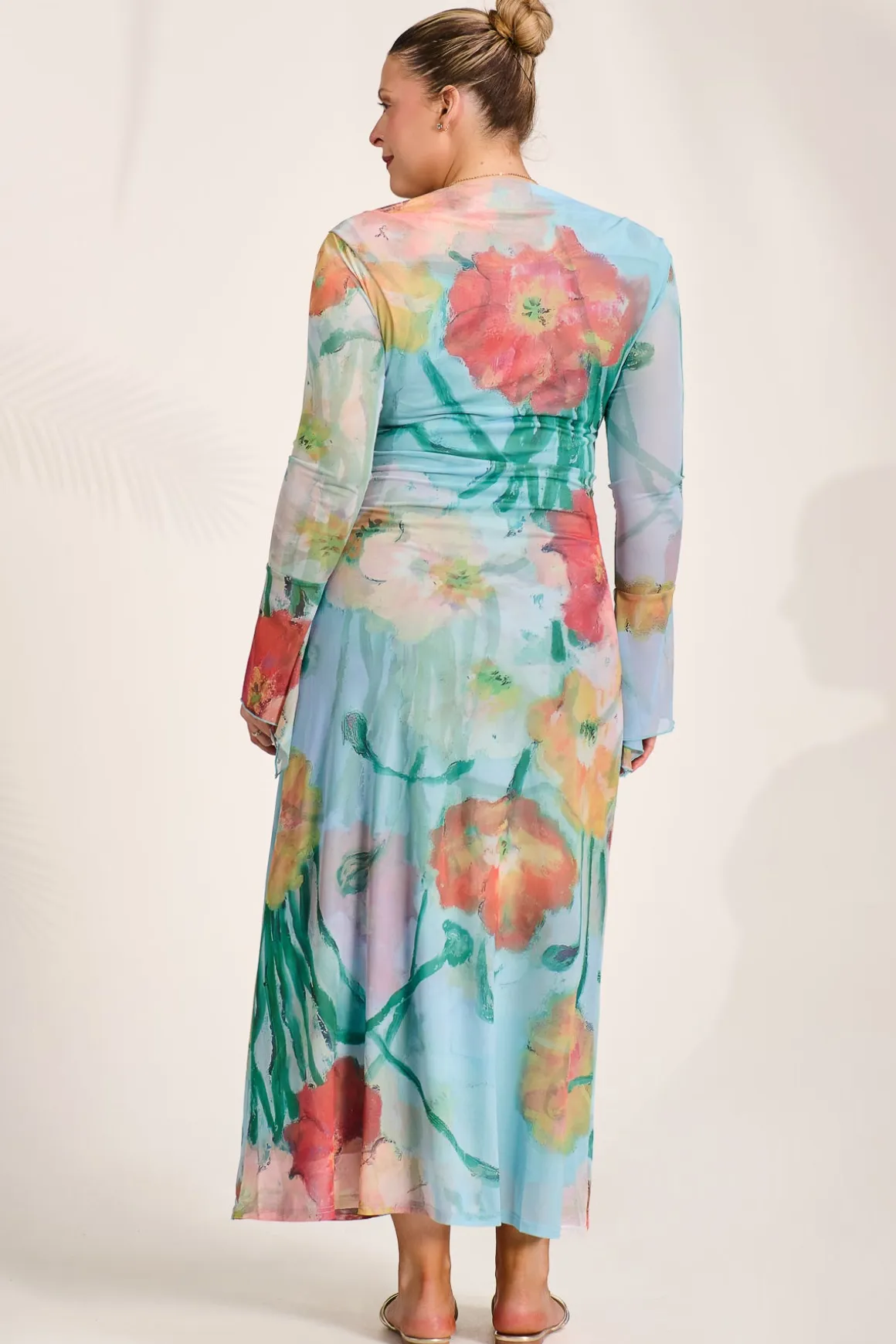 Long Sleeve Slash Neck Mesh Maxi Dress, Blue Floral