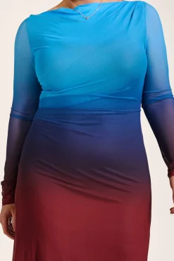 Long Sleeve Slash Neck Mesh Maxi Dress, Burgundy Ombre