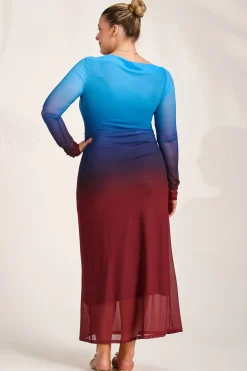 Long Sleeve Slash Neck Mesh Maxi Dress, Burgundy Ombre
