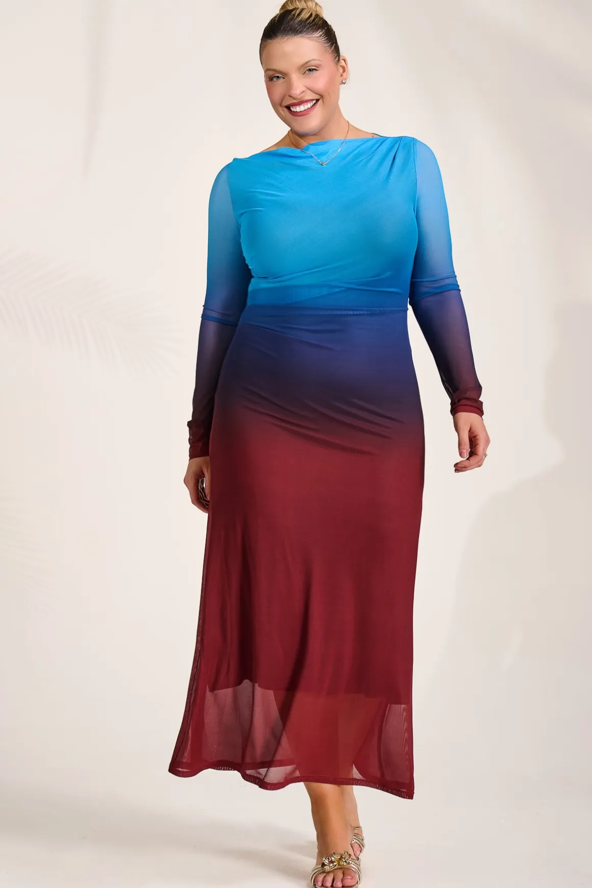 Long Sleeve Slash Neck Mesh Maxi Dress, Burgundy Ombre