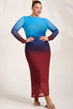 Long Sleeve Slash Neck Mesh Maxi Dress, Burgundy Ombre