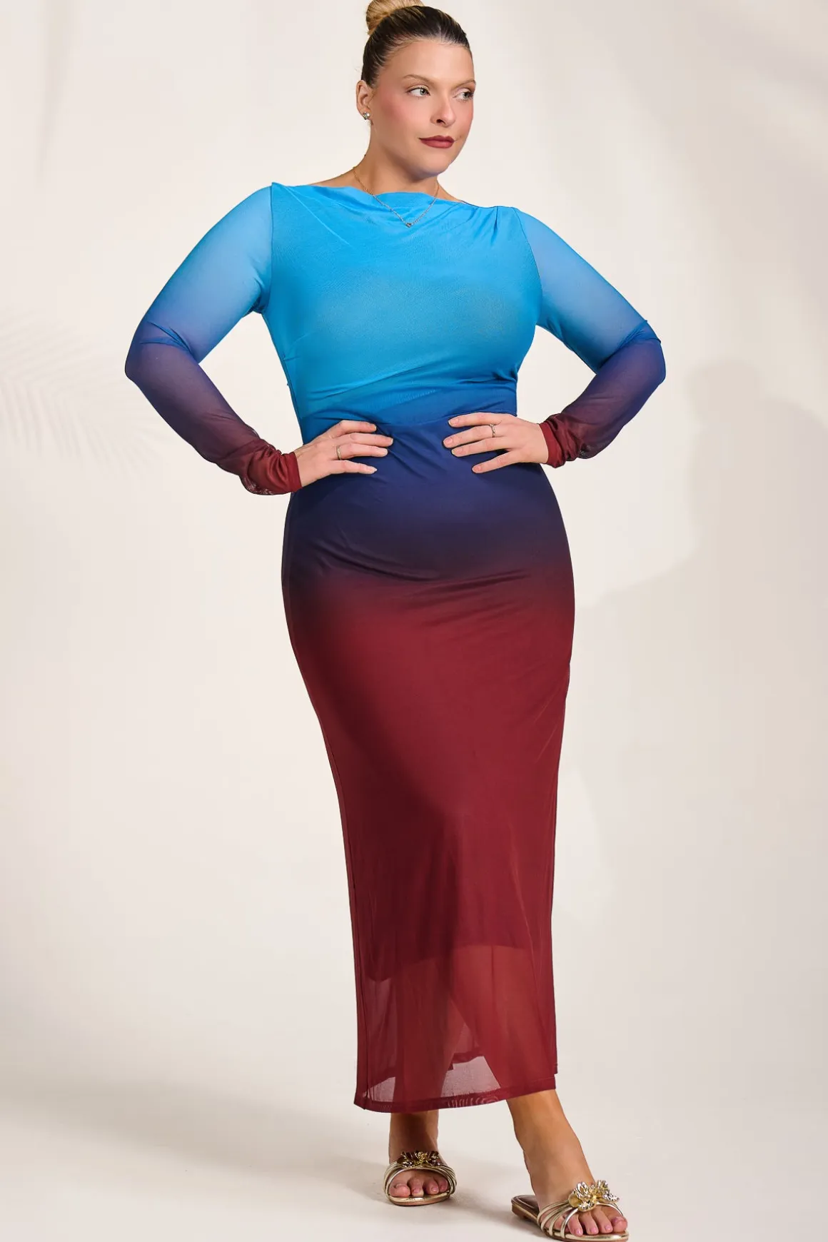Long Sleeve Slash Neck Mesh Maxi Dress, Burgundy Ombre