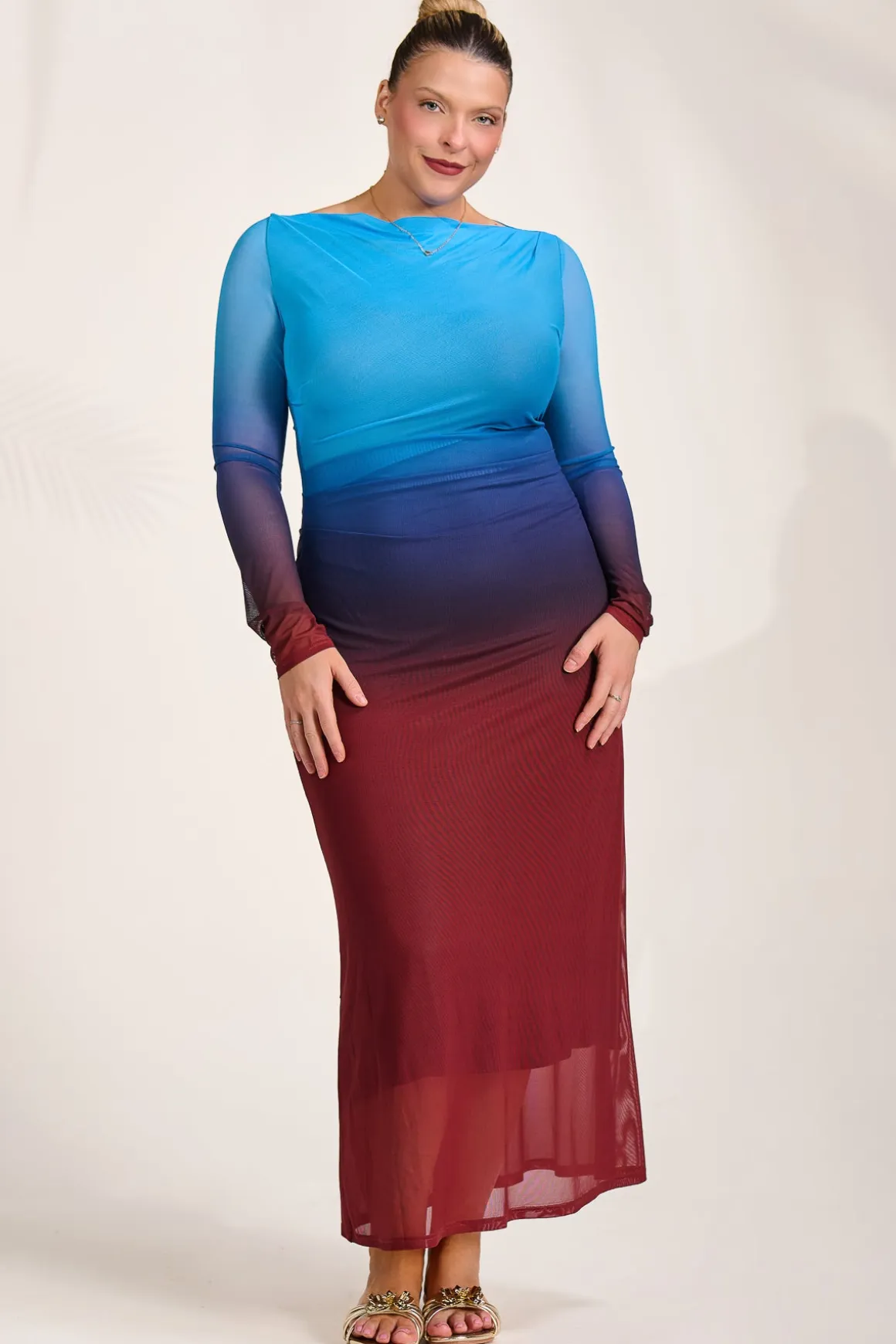 Long Sleeve Slash Neck Mesh Maxi Dress, Burgundy Ombre
