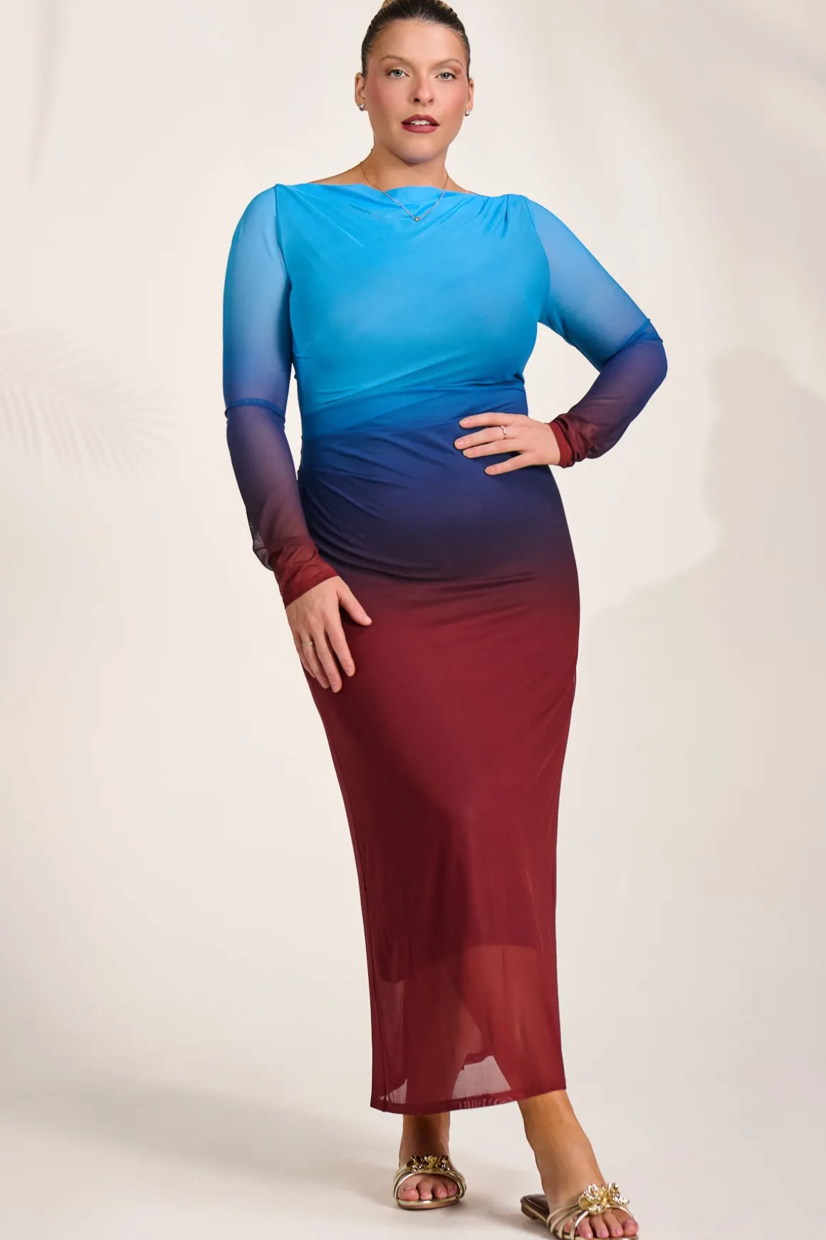 Long Sleeve Slash Neck Mesh Maxi Dress, Burgundy Ombre