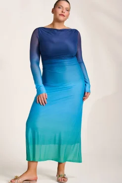 Long Sleeve Slash Neck Mesh Maxi Dress, Green Ombre