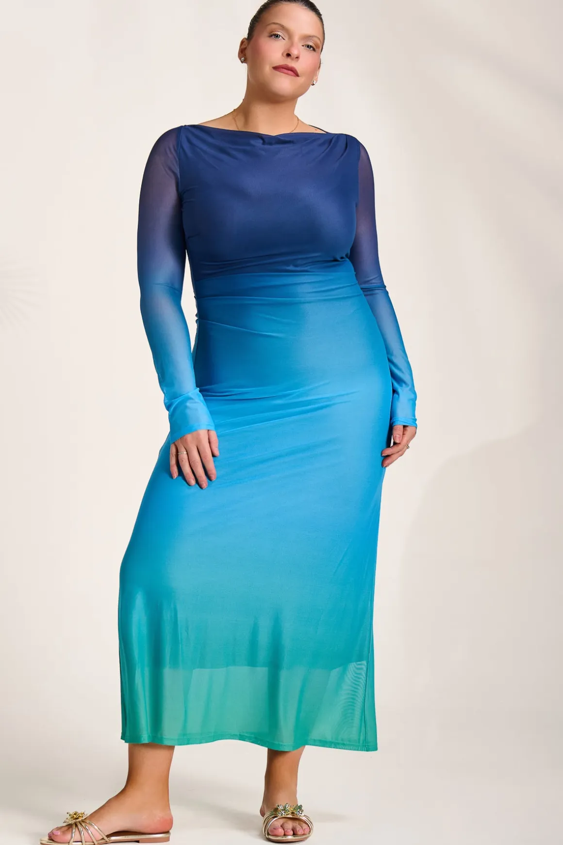 Long Sleeve Slash Neck Mesh Maxi Dress, Green Ombre