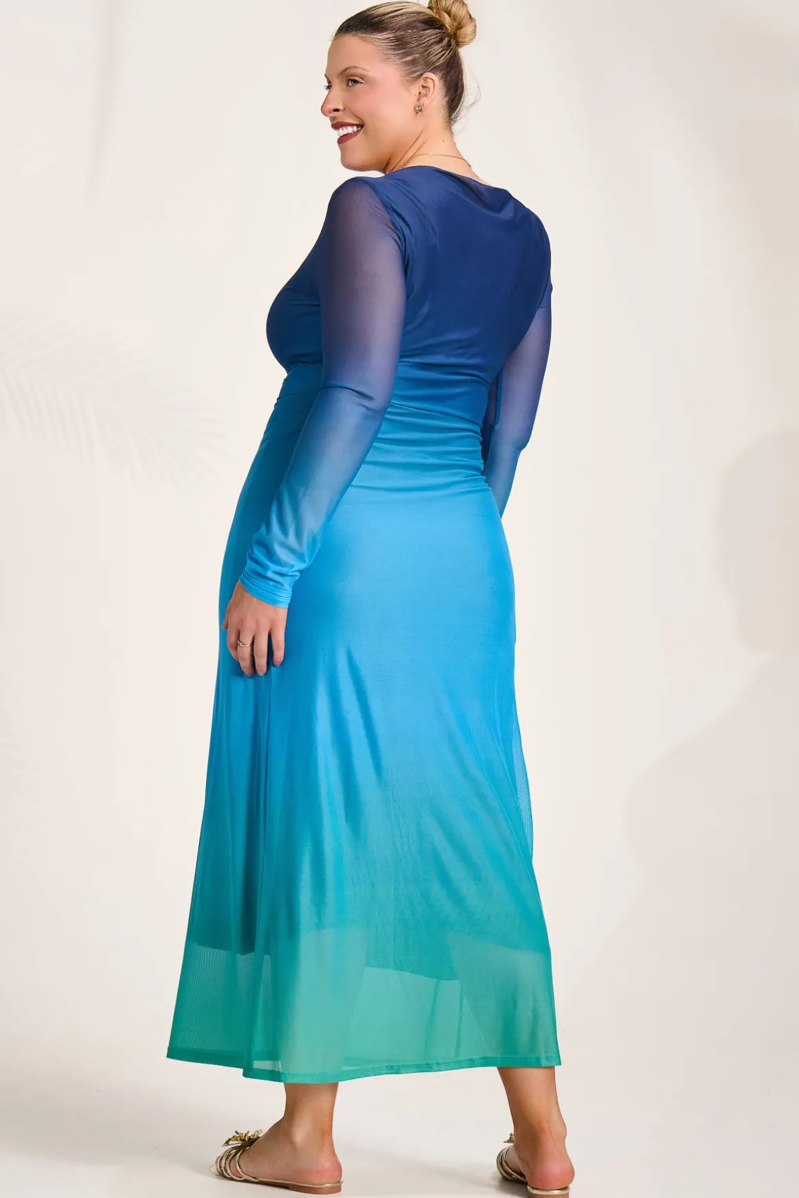 Long Sleeve Slash Neck Mesh Maxi Dress, Green Ombre