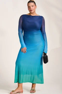 Long Sleeve Slash Neck Mesh Maxi Dress, Green Ombre