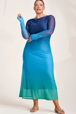 Long Sleeve Slash Neck Mesh Maxi Dress, Green Ombre