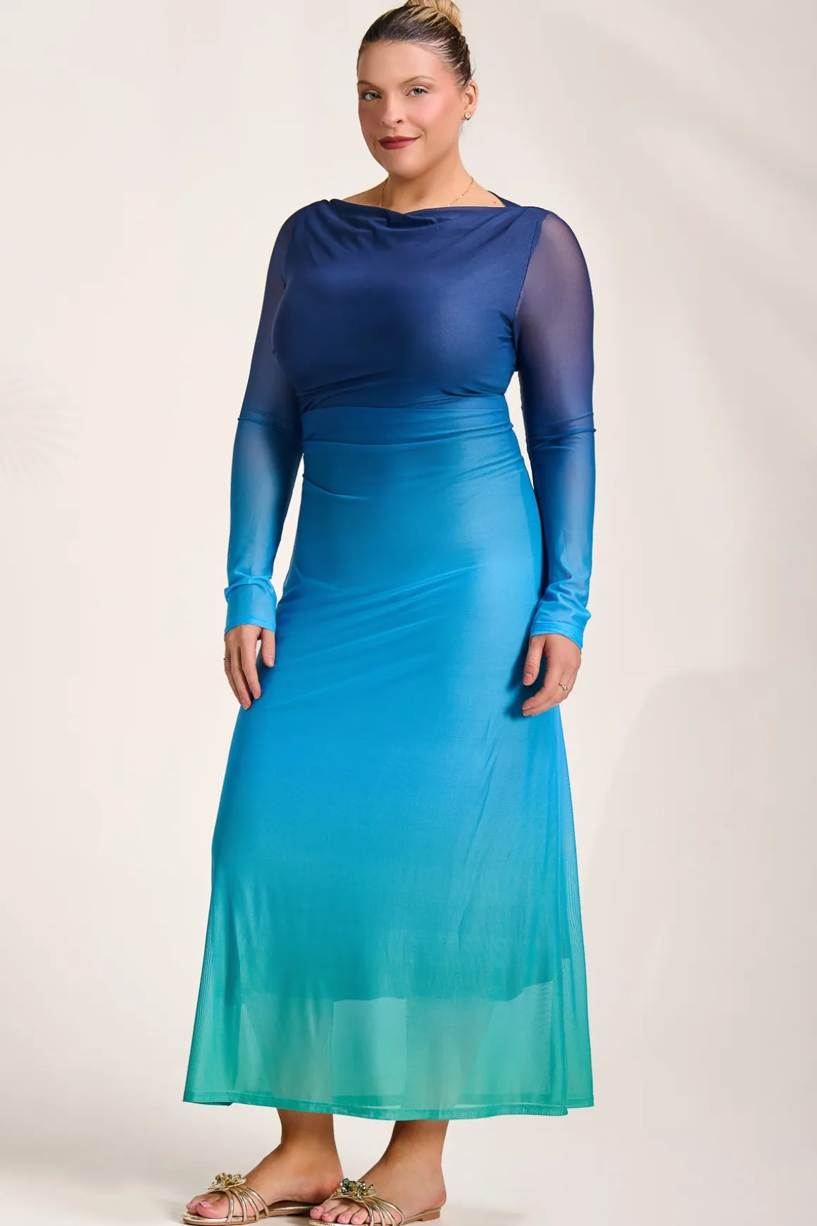 Long Sleeve Slash Neck Mesh Maxi Dress, Green Ombre