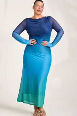 Long Sleeve Slash Neck Mesh Maxi Dress, Green Ombre
