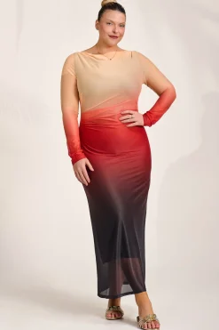 Long Sleeve Slash Neck Mesh Maxi Dress,Orange Ombre