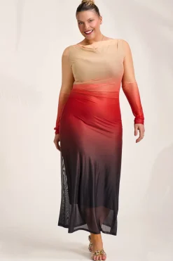 Long Sleeve Slash Neck Mesh Maxi Dress,Orange Ombre