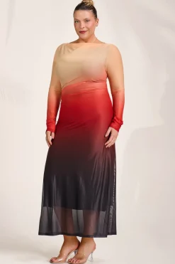 Long Sleeve Slash Neck Mesh Maxi Dress,Orange Ombre