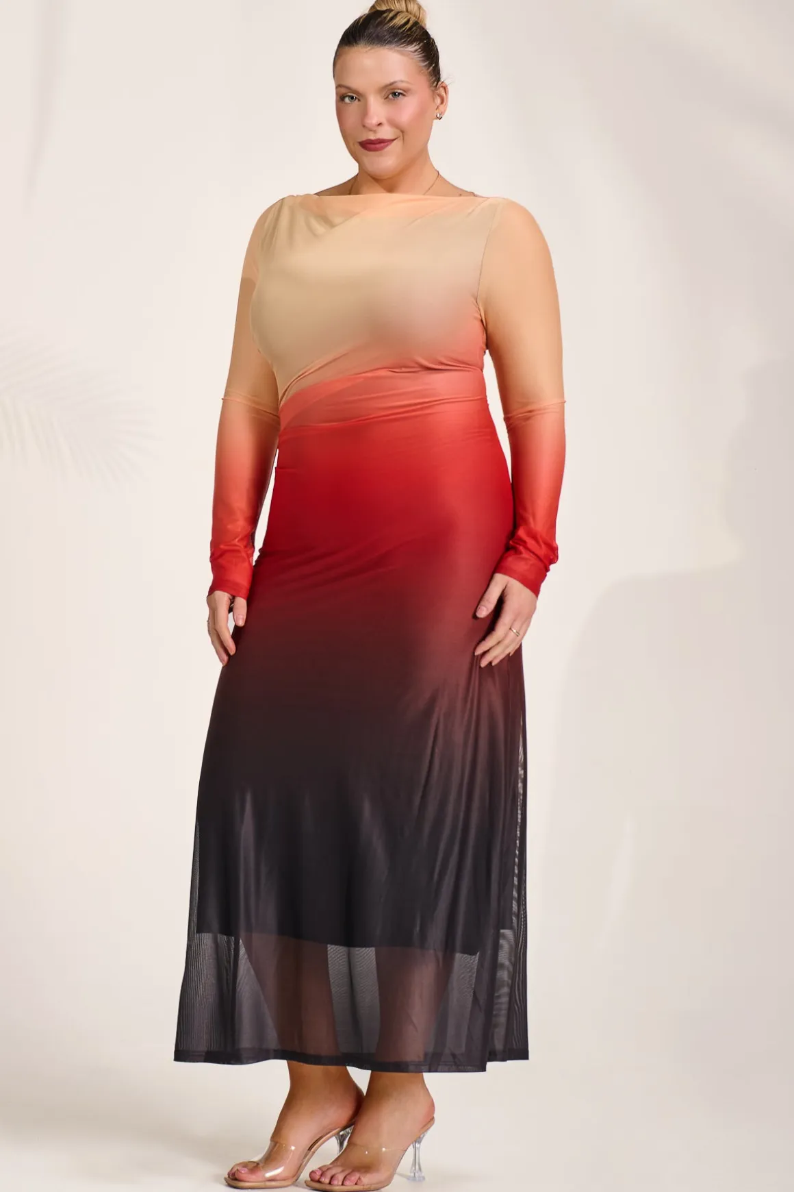 Long Sleeve Slash Neck Mesh Maxi Dress,Orange Ombre