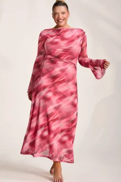 Long Sleeve Slash Neck Mesh Maxi Dress, Pink Abstract