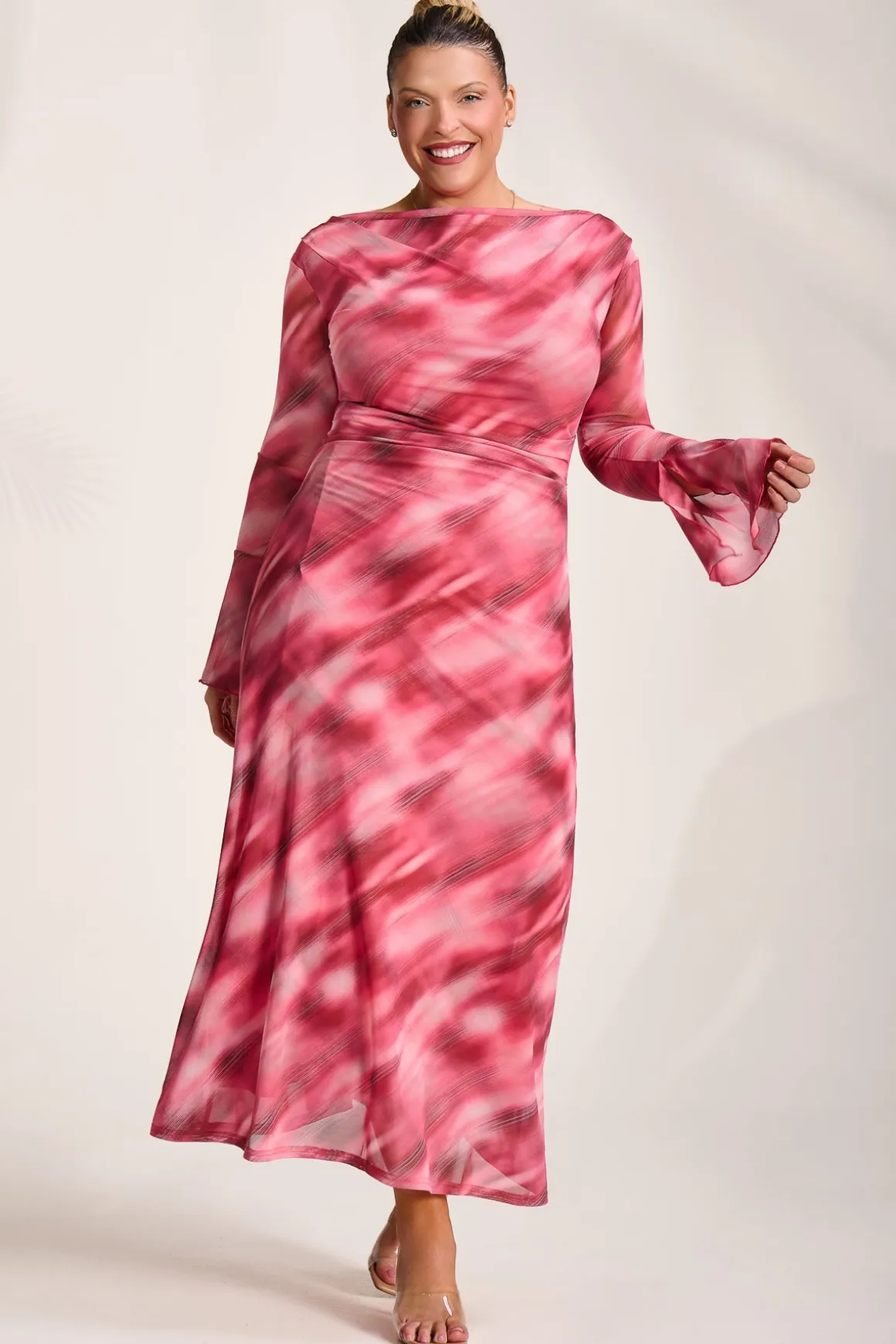 Long Sleeve Slash Neck Mesh Maxi Dress, Pink Abstract