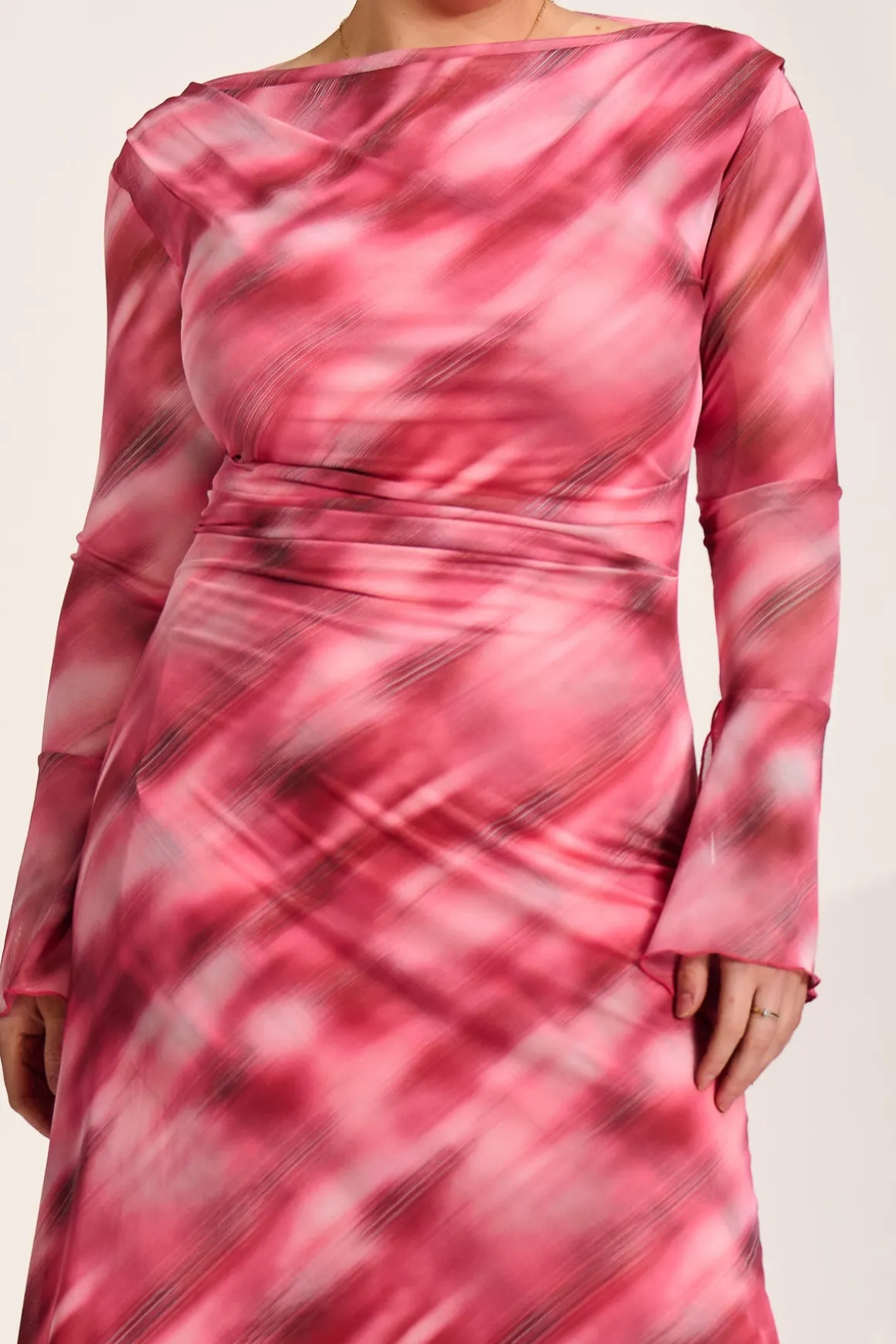 Long Sleeve Slash Neck Mesh Maxi Dress, Pink Abstract