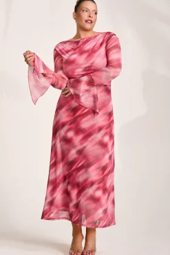 Long Sleeve Slash Neck Mesh Maxi Dress, Pink Abstract