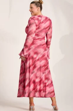 Long Sleeve Slash Neck Mesh Maxi Dress, Pink Abstract