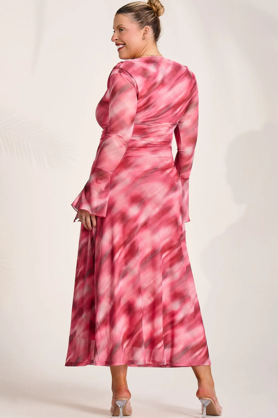 Long Sleeve Slash Neck Mesh Maxi Dress, Pink Abstract