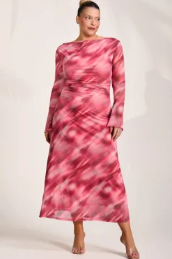 Long Sleeve Slash Neck Mesh Maxi Dress, Pink Abstract