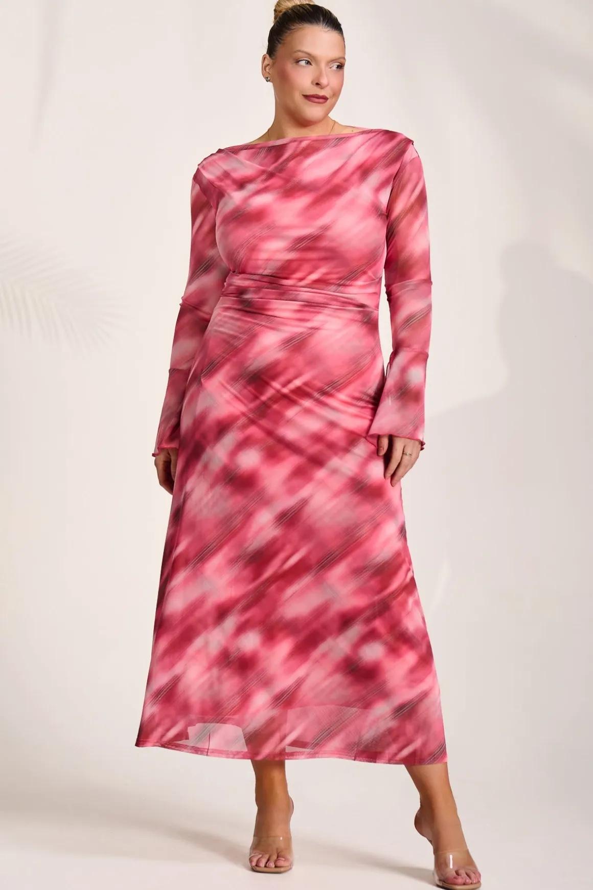 Long Sleeve Slash Neck Mesh Maxi Dress, Pink Abstract