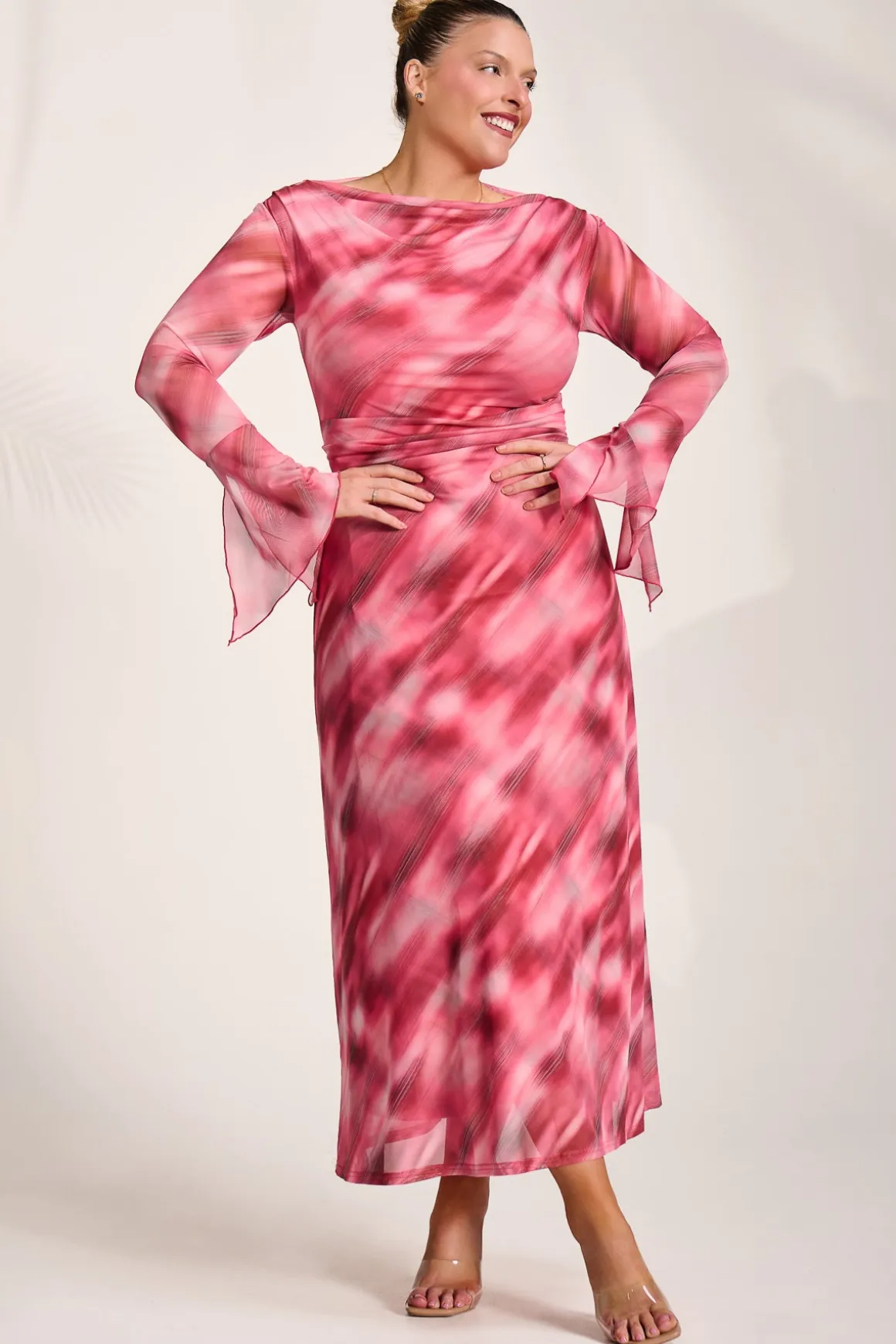 Long Sleeve Slash Neck Mesh Maxi Dress, Pink Abstract