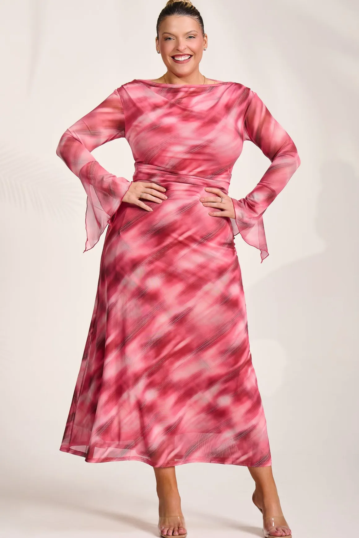 Long Sleeve Slash Neck Mesh Maxi Dress, Pink Abstract