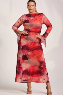 Long Sleeve Slash Neck Mesh Maxi Dress, Red Abstract