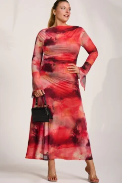 Long Sleeve Slash Neck Mesh Maxi Dress, Red Abstract