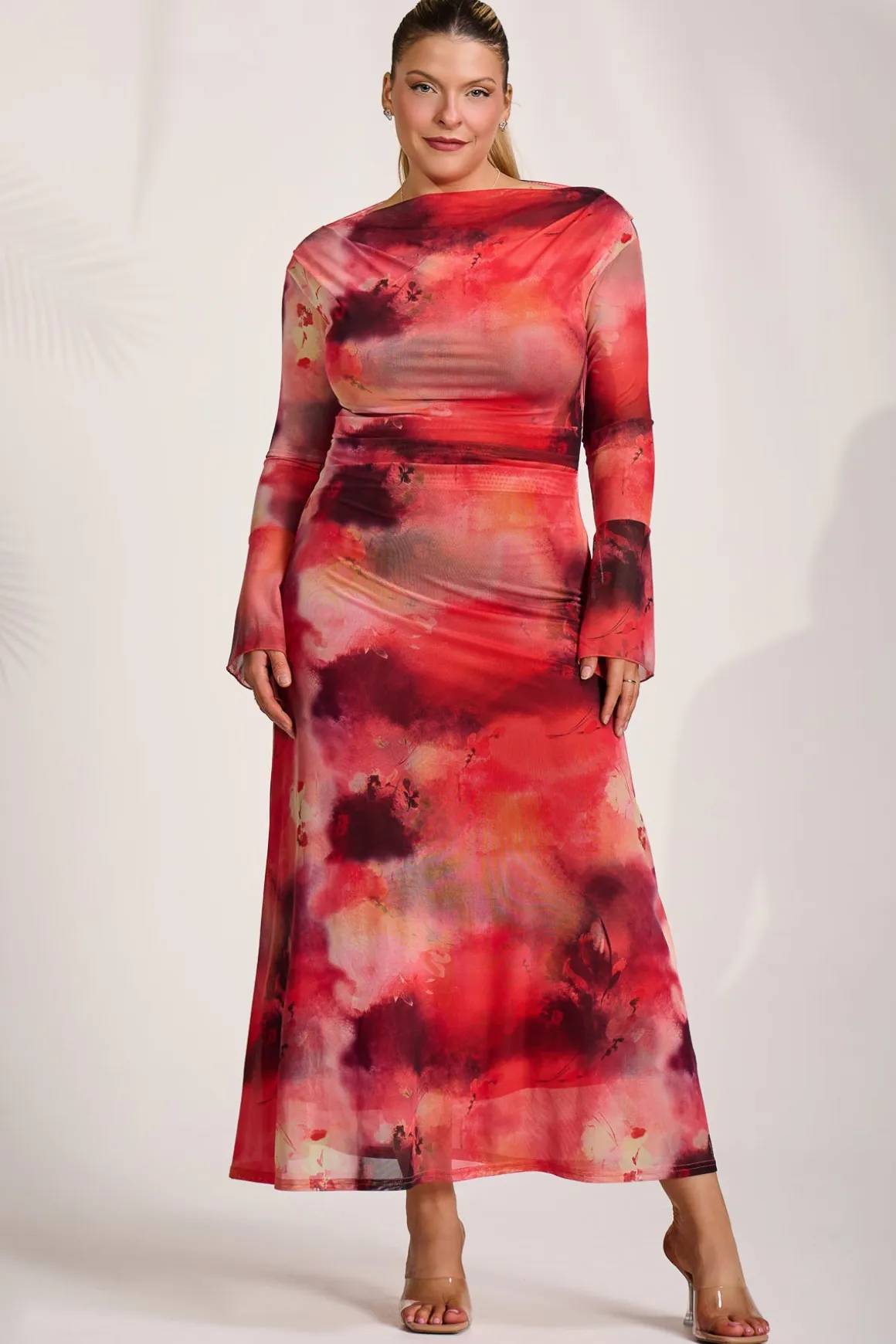 Long Sleeve Slash Neck Mesh Maxi Dress, Red Abstract