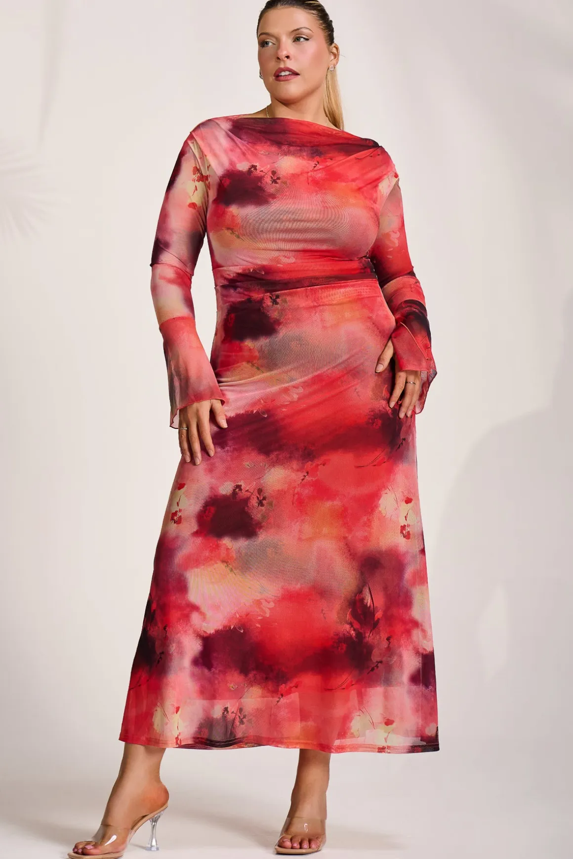 Long Sleeve Slash Neck Mesh Maxi Dress, Red Abstract