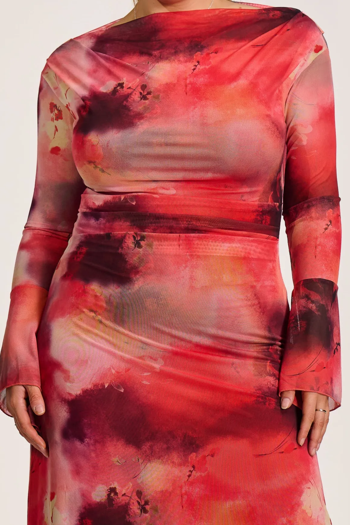 Long Sleeve Slash Neck Mesh Maxi Dress, Red Abstract
