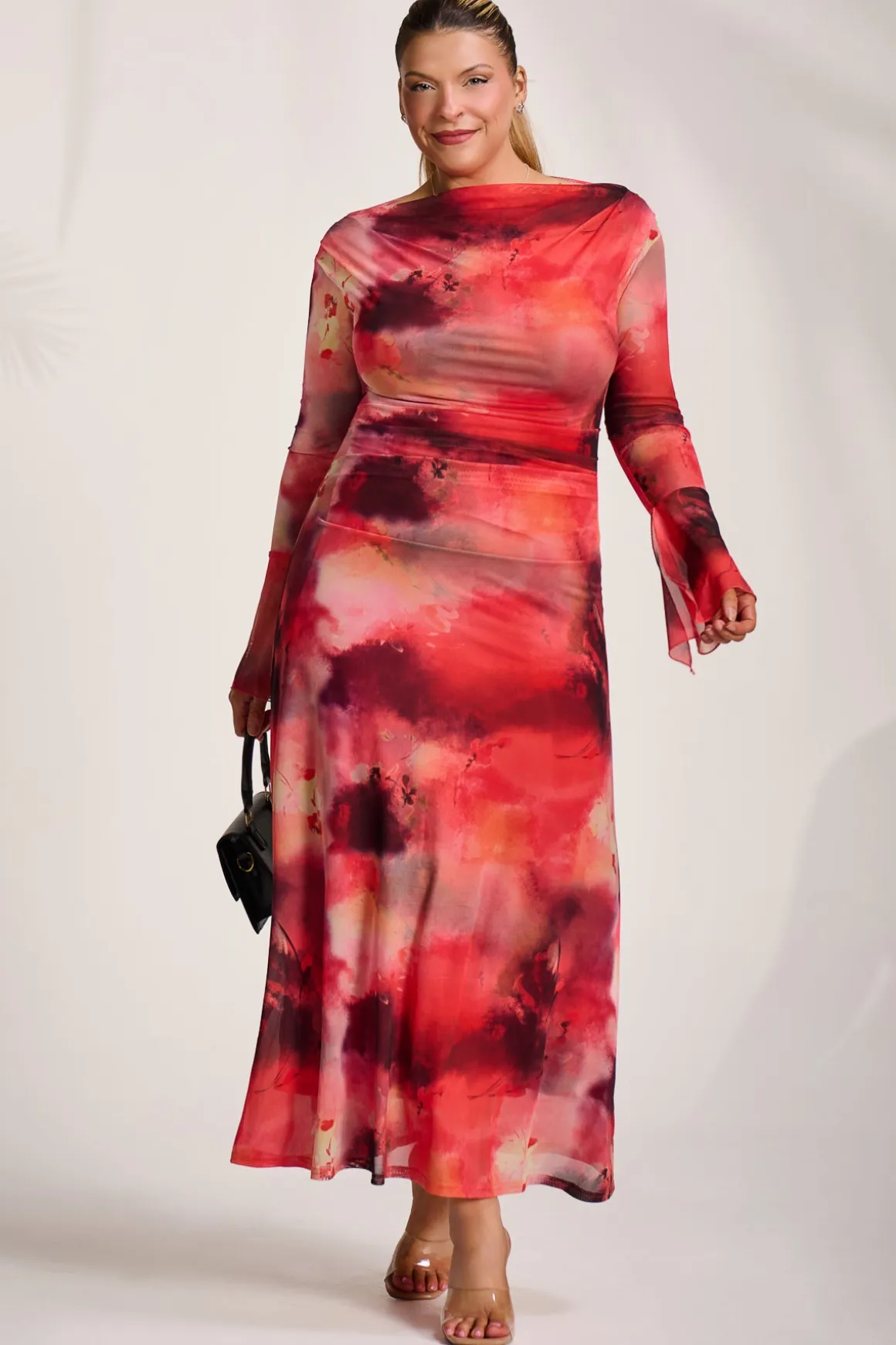 Long Sleeve Slash Neck Mesh Maxi Dress, Red Abstract