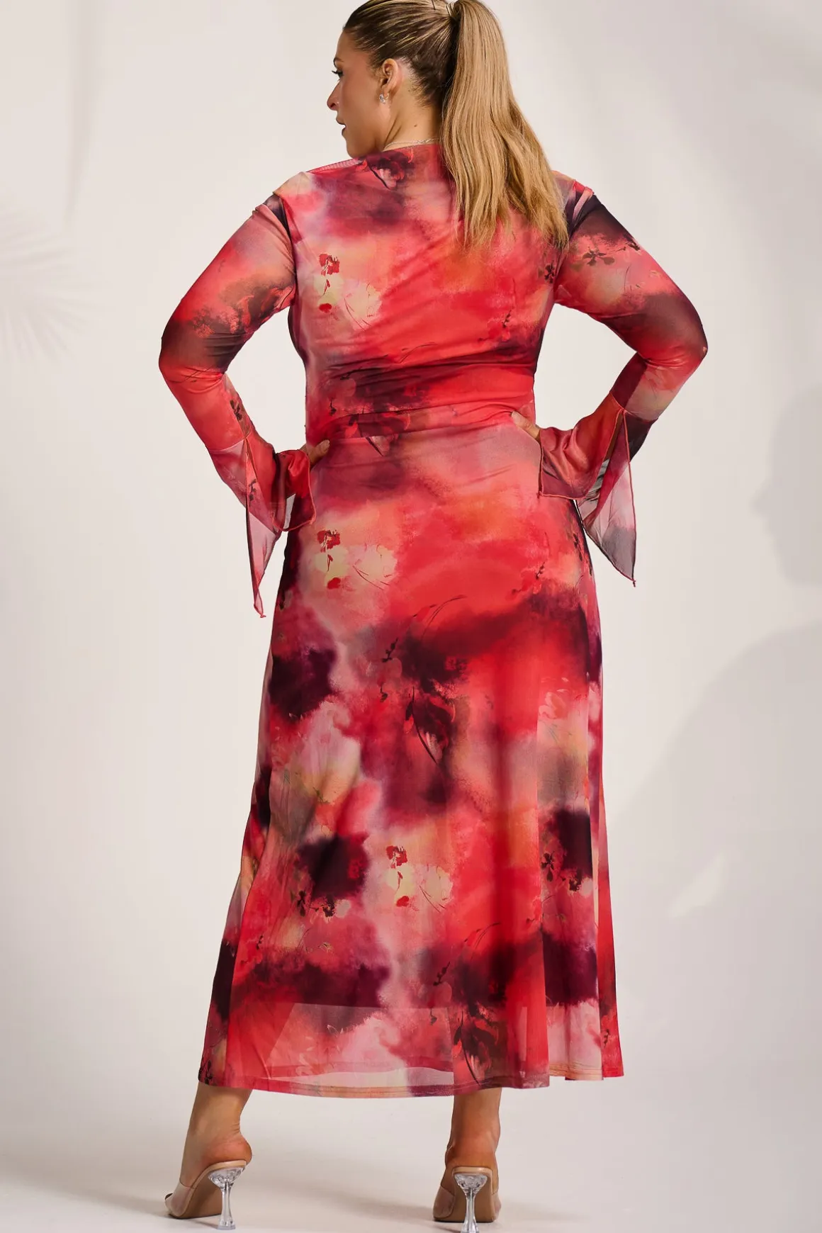 Long Sleeve Slash Neck Mesh Maxi Dress, Red Abstract